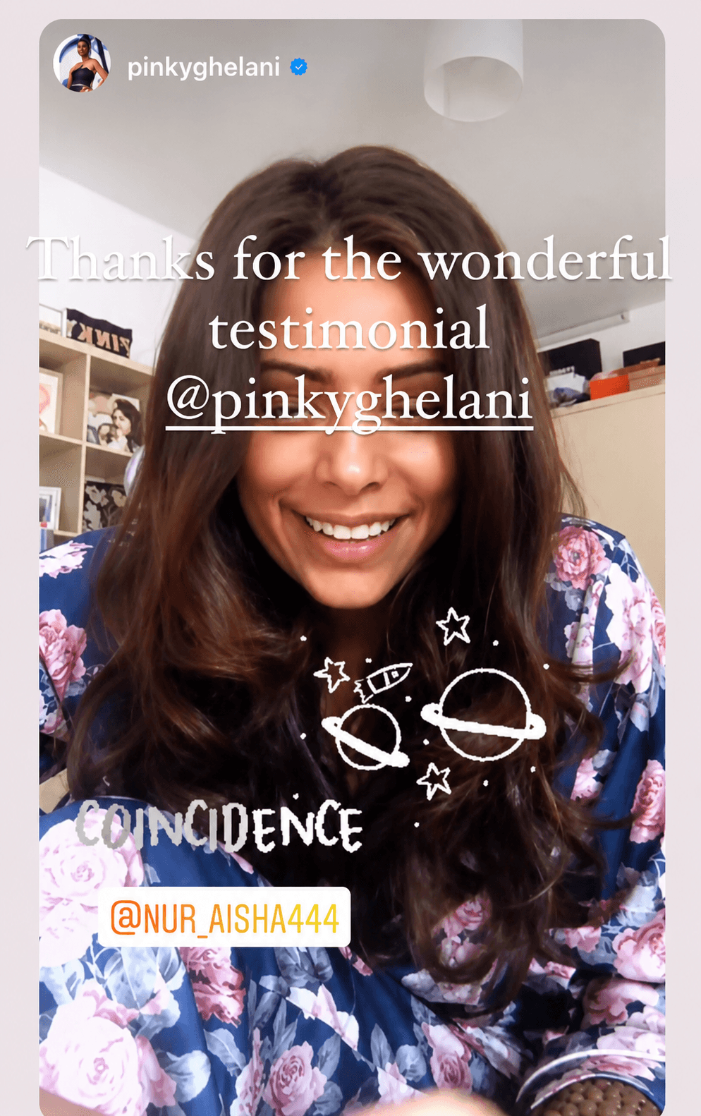 Screenshot testimonial shared by Pinky Ghelani