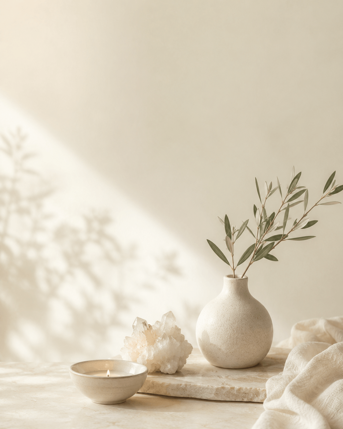 Soft sanctuary detail with warm ivory and muted sage atmosphere