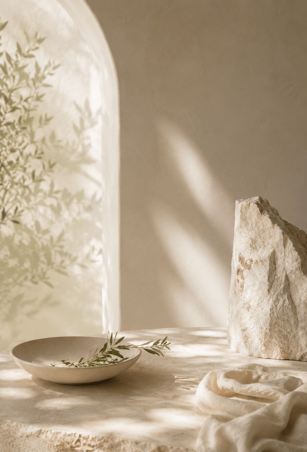 Calm spiritual approach with soft ivory and champagne editorial atmosphere